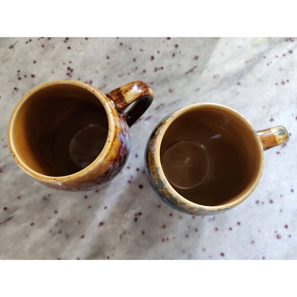 Set of Vintage Mugs McIntosh oz Brown and Blue Abstract Drip Glaze Glossy 12 oz - Picture 2 of 5